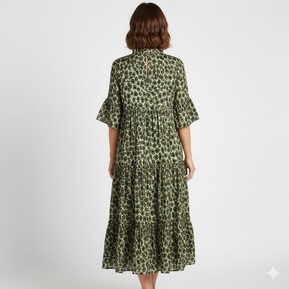 Rungolee Silk Green Leopard Print Tiered Midi Dress XS - Picture 3 of 12